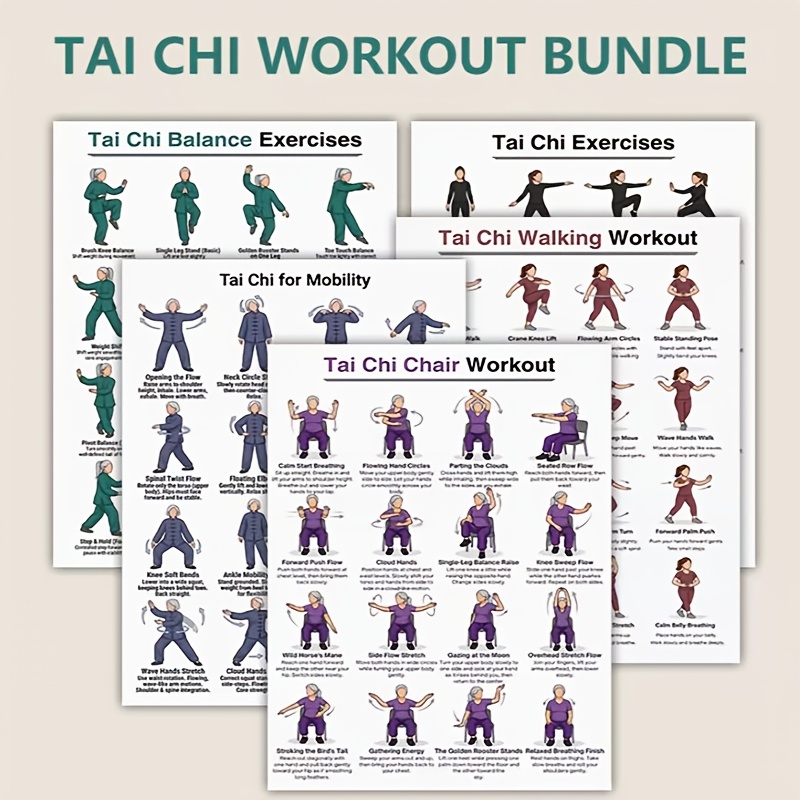 Home Gym Routine - A4-Größe, 5 Stück Tai-Chi-Übungsblätter für das
